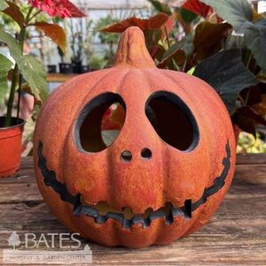 Bates Nursery Handcrafted Ceramic Pumpkin Skull Jack Lantern | Halloween Decor
